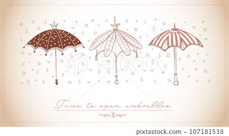 Design template with doodle vintage umbrellas and place for your text. Vector sketch illustration. 107181538