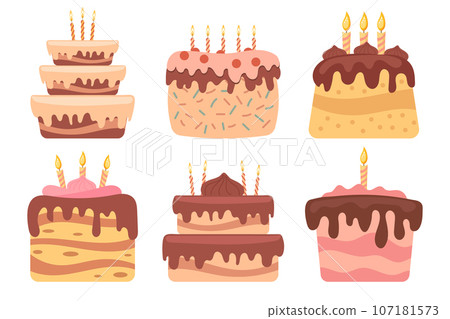 Delicious desserts, pastries, cupcakes, birthday cakes with holiday candles. Set of colorful cartoon illustrations. Vector Delicious desserts, pastries, cupcakes, birthday cakes with holiday candles. Set of colorful cartoon illustrations. Vector 107181573