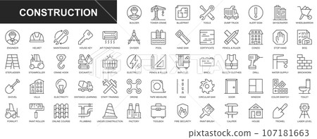 Construction web icons set in thin line design. Pack of builder, tower, blueprint, tools, skyscraper, wheelbarrow, engineer, helmet, maintenance, house, supply, other. Vector outline stroke pictograms 107181663