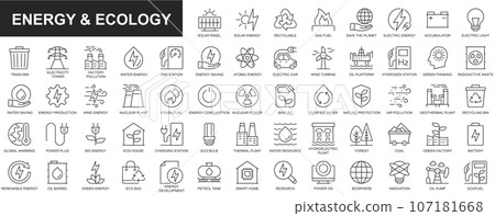 Energy and ecology web icons set in thin line design. Pack of solar panel, recyclable, gas fuel, save planet, accumulator, trash bin, factory pollution, eco and other. Vector outline stroke pictograms 107181668