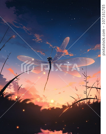 蜻蜓在夕陽的天空中漂浮 蜻蜓在夕陽的天空中漂浮 107181785