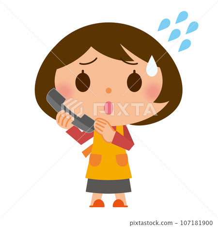 一名穿著圍裙的女士打電話尋求協助 一名穿著圍裙的女士打電話尋求協助 107181900