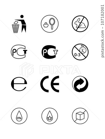 Packaging Symbols Black Thin Line Icons Set Include of Standard and Animal Test Sign. Vector illustration 107182001