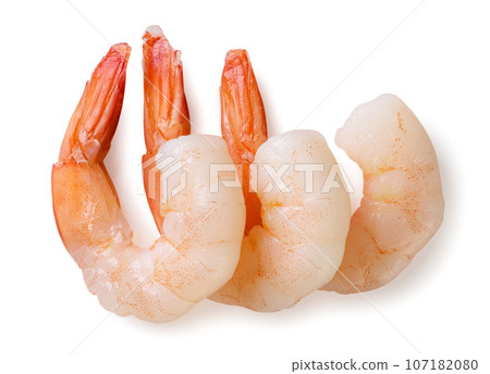 Peeled shrimp close-up on a white. Top view 107182080