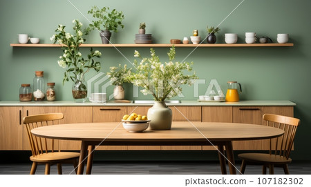 Interior of modern classic green kitchen. Wooden facades, wooden dining table, flowers in vases, fresh fruits, various crockery on the shelves. Contemporary home design. 3D rendering. Interior of modern classic green kitchen. Wooden facades, wooden dining table, flowers in vases, fresh fruits, various crockery on the shelves. Contemporary home design. 3D rendering. 107182302