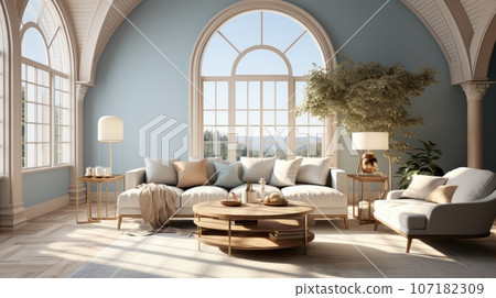 Interior of elegant modern living room in luxury villa. Stylish cushioned furniture, wooden coffee table, houseplants, arch windows overlooking beautiful landscape. Hollywood glamor in home design. Interior of elegant modern living room in luxury villa. Stylish cushioned furniture, wooden coffee table, houseplants, arch windows overlooking beautiful landscape. Hollywood glamor in home design. 107182309