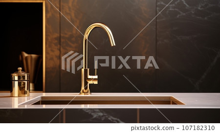 Fragment of a modern luxury kitchen. Marble countertop with built-in sink, gold faucet, black stone textured backsplash. Close-up. Contemporary interior design. 3D rendering. 107182310