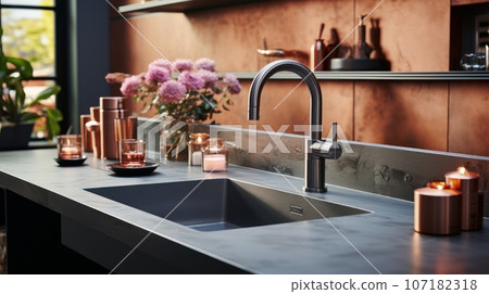 Fragment of modern minimalist luxury kitchen. Gray countertop with built-in sink and chrome faucet. Terracotta backsplash, various kitchen utensils, flowers. Contemporary home design. 3D rendering. 107182318
