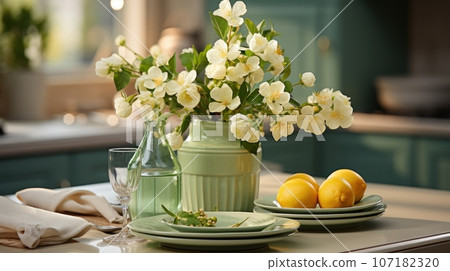 Fragment of table setting in modern classic kitchen. Flowers in a green vase, yellow lemons on green plates. Close-up, blurred background. Contemporary home design. 3D rendering. 107182320