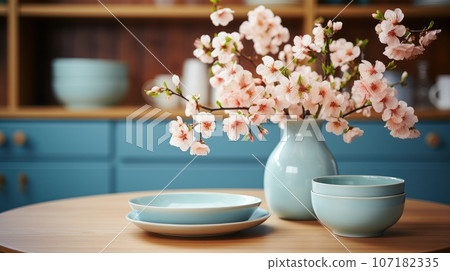 Fragment of modern classic cian kitchen. Wooden dining table, flowering branches in vase, table setting. Close-up, blurry background. Contemporary home design. 3D rendering. 107182335