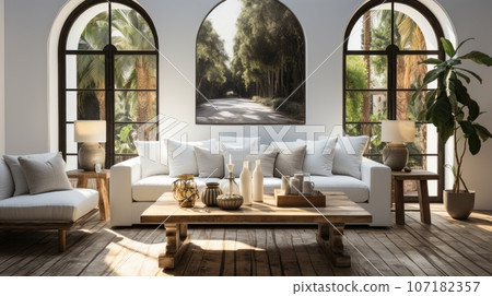 Interior of elegant modern living room in luxury villa. Stylish cushioned furniture, wooden coffee table, houseplants, arch windows overlooking beautiful landscape. Hollywood glamor in home design. Interior of elegant modern living room in luxury villa. Stylish cushioned furniture, wooden coffee table, houseplants, arch windows overlooking beautiful landscape. Hollywood glamor in home design. 107182357