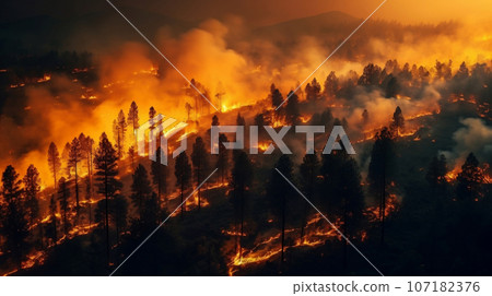 Wildfire forest fire at night, global warming and natural disaster concept. Generative AI 107182376