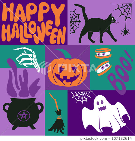 Halloween bold graphic minimalistic composition. Hand drawn flat holiday elements for halloween party in minimalistic style. Good for social media, graphic poster, card, background, printout, pattern 107182614