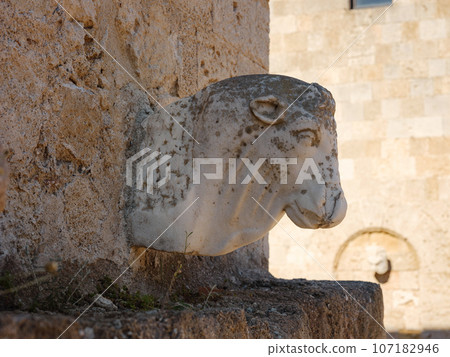 Rhodes, Greece - April 21, 2023: Archeological Museum of Rhodes Town. details of antic statues and other exhibits of the museum 107182946