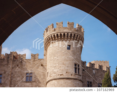 Travel to Greece, Mediterranean islands Rhodes. Main gates of The Knights Grand Master Palace at Rhodes island, Greece 107182969