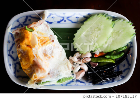 pickled pork sausage, fermented pork and chili or Thai food pickled pork sausage, fermented pork and chili or Thai food 107183117