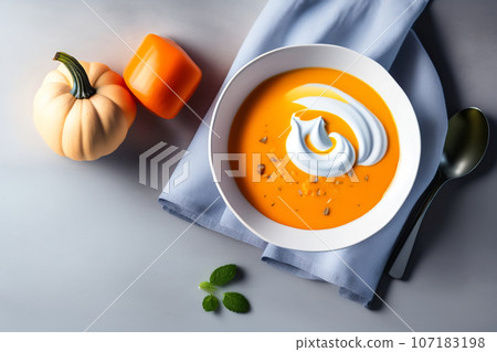 Pumpkin soup, top view. copy space. Seasonal autumn dish - pumpkin soup-puree with croutons and seeds. 107183198