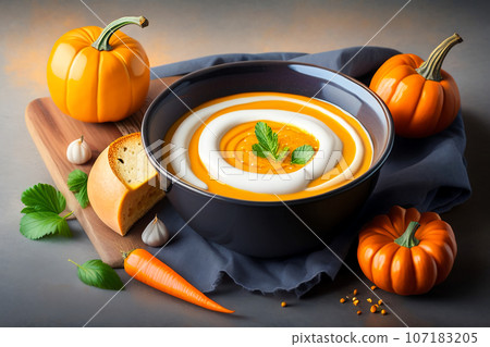 Pumpkin soup, top view. copy space. Seasonal autumn dish - pumpkin soup-puree with croutons and seeds. 107183205