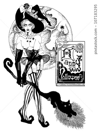 拿掃帚的女巫、月亮、黑貓和青蛙 107183295
