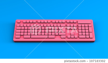 3D rendering, Close up pink computer keyboard mock up, front view shot, computer technology and equipments idea design, blue color background. 3D rendering, Close up pink computer keyboard mock up, front view shot, computer technology and equipments idea design, blue color background. 107183302