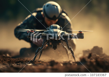Military forces using fight quadcopter at war. Generative AI 107183367