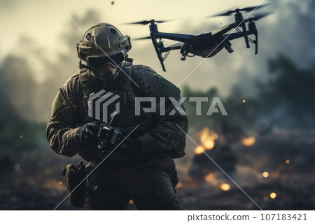 Military forces using fight quadcopter at war. Generative AI 107183421