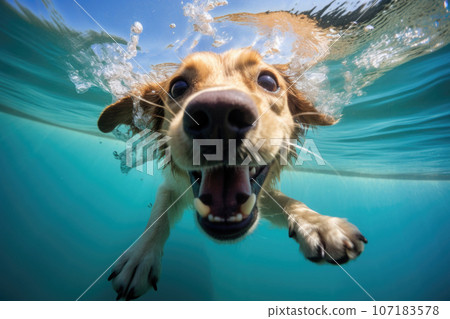 Happy dog diving underwater in swimming pool. Generative AI Happy dog diving underwater in swimming pool. Generative AI 107183578