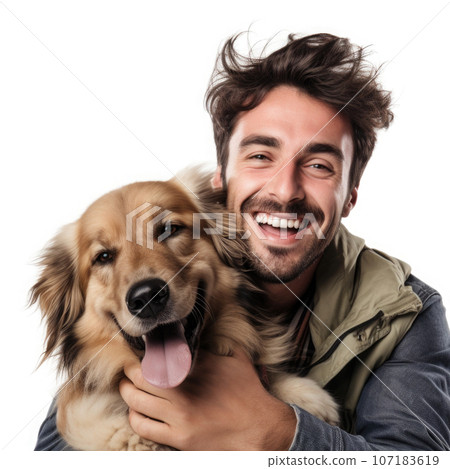 Happy man hugging his dog on white background. Generative AI Happy man hugging his dog on white background. Generative AI 107183619
