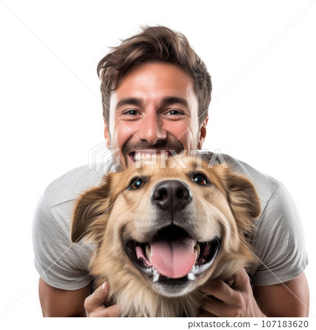 Happy man hugging his dog on white background. Generative AI Happy man hugging his dog on white background. Generative AI 107183620