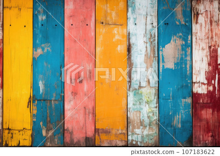 Texture of aged wooden boards with weathered paint. Generative AI Texture of aged wooden boards with weathered paint. Generative AI 107183622