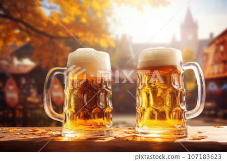 Two mugs of beer on wooden table with street cafe background. Generative AI Two mugs of beer on wooden table with street cafe background. Generative AI 107183623