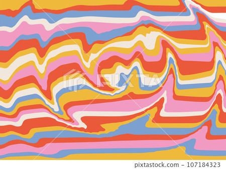 Psychedelic groovy retro background with colorful waves and organic ripple. Vector vintage flat illustration Psychedelic groovy retro background with colorful waves and organic ripple. Vector vintage flat illustration 107184323