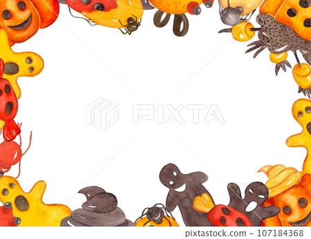 Sweets and Halloween symbols. Cartoon square frame. Watercolor illustration for your design 107184368