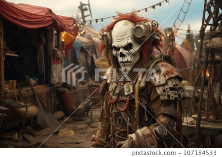 Creepy clown amidst an abandoned carnival, with faded rides and empty tents, evoking a sense of eerie nostalgia. Generative AI 107184533