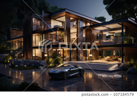 A professional real estate broker showcasing a luxurious property to potential buyers, capturing the essence of the real estate market. Generative AI 107184579