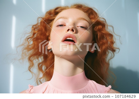 Portraying young woman in a range of emotions through concept expressions, set against a muted backdrop that emphasizes the emotional impact. Generative Ai 107184629