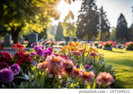 A beautiful, tranquil image of a well-maintained cemetery with colorful flowers adorning the graves, conveying a sense of peace and remembrance. Generative Ai 107184631