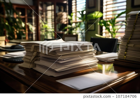A law office with a stack of legal documents, illustrating its importance in legal practices. Generative Ai A law office with a stack of legal documents, illustrating its importance in legal practices. Generative Ai 107184706