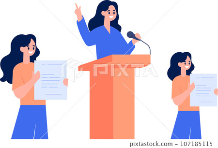 Hand Drawn Business woman speaking on the podium in flat style Hand Drawn Business woman speaking on the podium in flat style 107185115