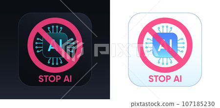 AI stop banner. Ban on use of artificial intelligence technology, AI bots, restriction on apply neural network algorithms. AI system prohibition, protection of intellectual rights. Vector illustration 107185230
