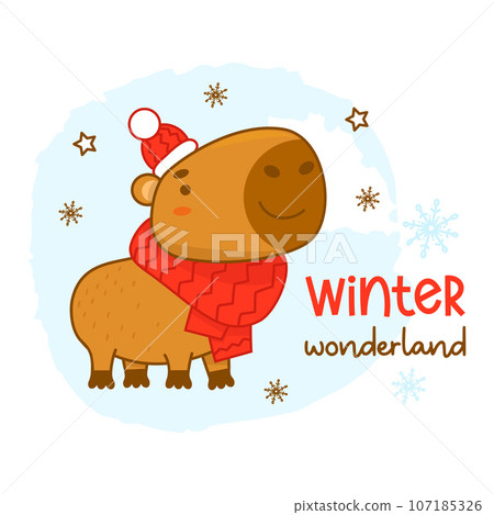 Cool card with cute winter capybara in knitted hat and scarf. Vector illustration. Funny animal character rodent for cards, design, print, kids collection. Cool card with cute winter capybara in knitted hat and scarf. Vector illustration. Funny animal character rodent for cards, design, print, kids collection. 107185326