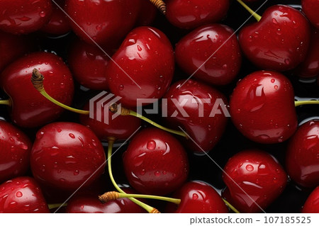 Close up of fresh delicious cherries , top view, seamless pattern. Generative Ai 107185525