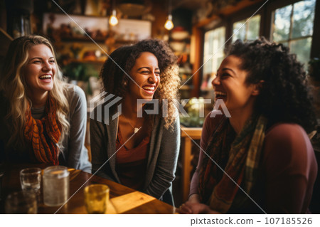 A multi-ethnic group of women laughing together as they share stories during a cozy coffee shop meetup. Capture the genuine joy and camaraderie in their expressions. Generative AI 107185526