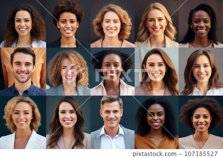 Collage of multicultural ethnically different people modern portraits of women and man, looking in front of camera. Generative AI 107185527
