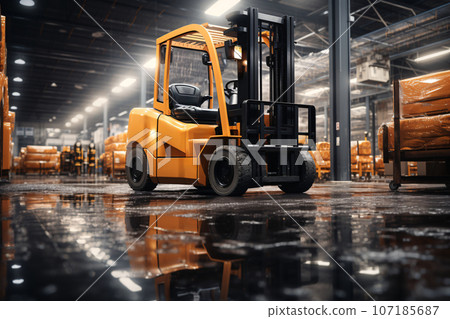 Forklifts in waiting for action, transporting goods within a warehouse facility, showcasing the efficiency of logistics operations. Generative Ai 107185687