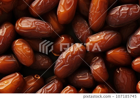 Closeup of tasty sweet dried dates, top view, seamless pattern. Generative Ai Closeup of tasty sweet dried dates, top view, seamless pattern. Generative Ai 107185745