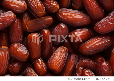 Closeup of tasty sweet dried dates, top view, seamless pattern. Generative Ai 107185750