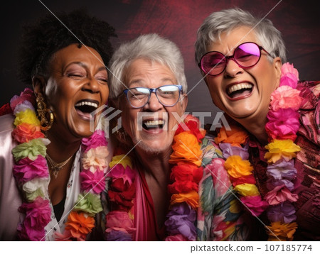 A group of LGBTQ friends in their seventies nightclub attire, sharing a moment of unity and celebration, evoking the spirit of resilience and acceptance within the LGBTQ community. Generative Ai 107185774