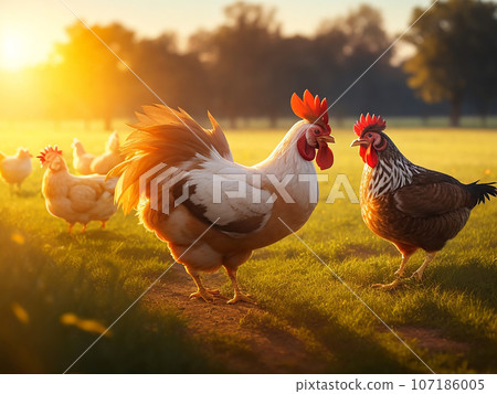 chickens and roosters on green grass in sunset light 107186005
