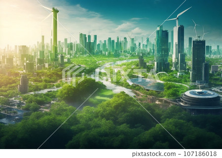 Green city with wind turbines and solar panels 107186018